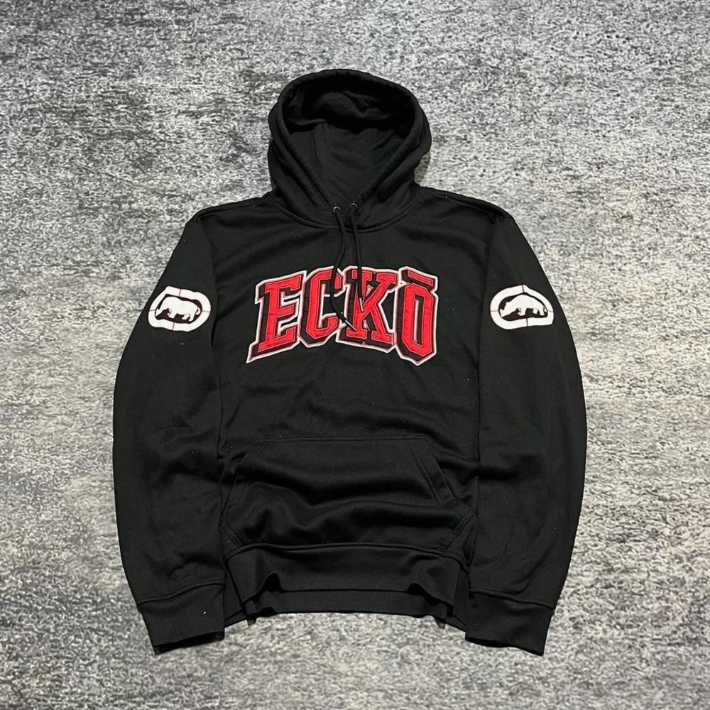 Vintage Ecko UNLTD Hoodie Mens Larhe Black Red Y2K Logo Hip-Hop Skater Grunge